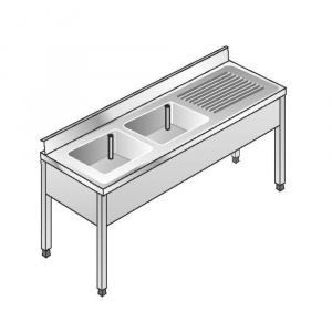 Lavello Acciaio Inox AISI 304 - 2 Vasche DX - Sgocciolatoio SX - Dim. 180x60x85 cm - con Alzatina