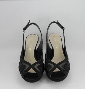 Sandalo cerimonia donna elegante in tessuto di raso nero con applicazione in cristalli e cinghietta regolabile Art.H17Z10PTRASF1400P07