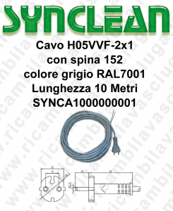 SYNCA1000000001 Kabel H05VVF 2 x 1 mit Stecker 152 grau Lange 10 Meter für Staubsauger