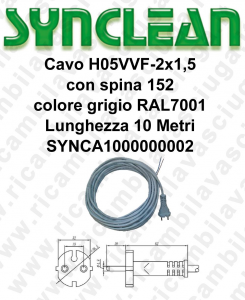 SYNCA1000000002 Kabel H05VVF 2 x 1,5 mit Stecker 152 grau Lange 10 Meter für Staubsauger