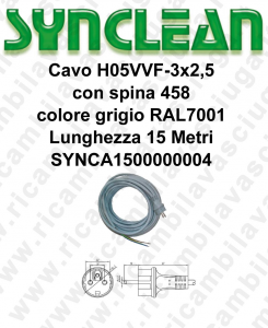 SYNCA1500000004 Kabel H05VVF 3 x 2,5 mit Stecker 458 grau Lange 15 Meter für Staubsauger