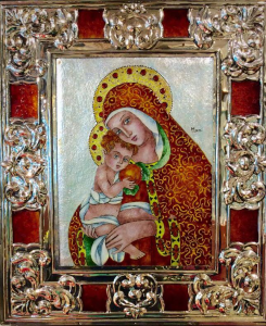 Icona Madonna con bambino in argento e smalto a gran fuoco