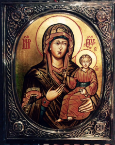 Icona dipinta Madonna con bambino con cornice in argento 