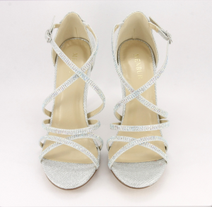 Sandalo cerimonia donna elegante in tessuto argento glitter con applicazione in cristalli e cinghietta regolabile Art.070150R09