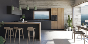 Cucina moderna legno e cemento con gola