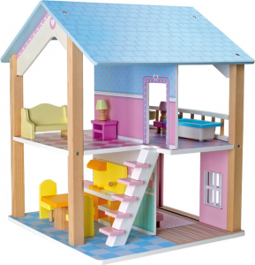 Casa delle bambole in legno con tetto blu e con base girevole