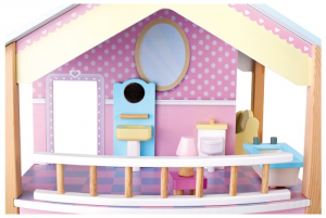 Casa delle bambole in legno con tetto blu e con base girevole