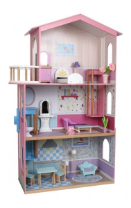 Casa delle bambole in legno con più ripiani e accessori