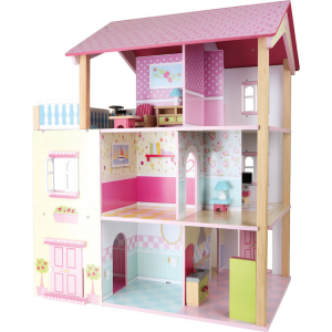 Casa delle bambole in legno Tetto rosa a 3 piani girevole