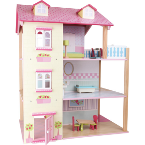 Casa delle bambole in legno Tetto rosa a 3 piani girevole