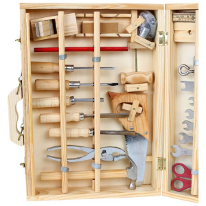 Valigia attrezzi giocattolo in legno con 48 utensili per bambino
