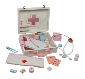 Kit dottore pronto soccorso giocattolo con valigetta in legno