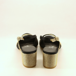 Sandalo donna elegante da cerimonia in tessuto di raso nero e inserti tessuto glitter oro con cinghietta regolabile