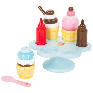 Vassoio coni gelato con tubetti per crema accessori cucina giocattolo in legno