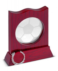 Trofeo pallone calcio real in legno rosso e vetro