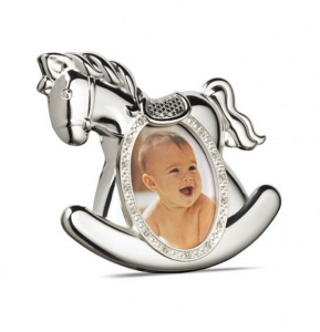 Portafoto bambino bambina argentato argento cavallo a dondolo