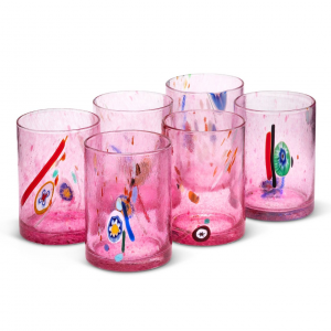 Set 6 Bicchieri in Vetro Soffiato Rosa con Murrine stile Murano