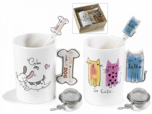 Tazze tisanierea in porcellana con disegnati gatti o cani, con cucchiaino e filtro
(713401)