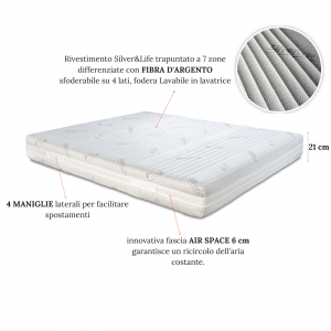 Materasso in Lattice Air di origine NATURALE, Memory Foam e Waterfoam alto 20 cm DOPPIO COMFORT Lato Estivo e Invernale, ORTOPEDICO Lastra 3D Fodera SILVER Sfoderabile con Cuscini Letto - Modello DUAL SEASON