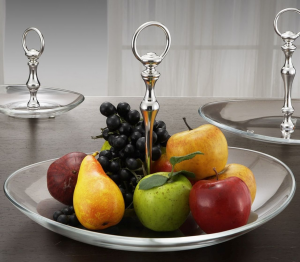 Alzata in vetro per dolci e frutta con manico in metallo placcato argento