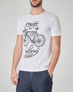 T-shirt bianca con stampa bici e scritta Never stop exploring