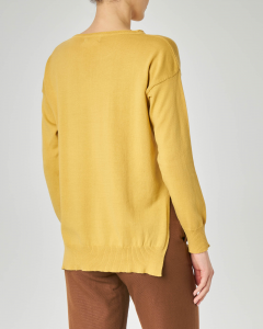 Maglione giallo girocollo in cotone con spacchetti laterali