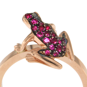 Kissing Frog ring in rose gold and rubies