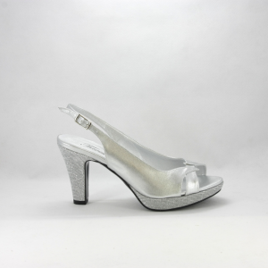 Sandalo cerimonia donna elegante argento lamè e glitter con cinghietta regolabile.