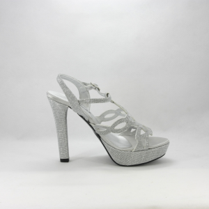 Sandalo cerimonia donna elegante argento glitter e cinghietta regolabile.