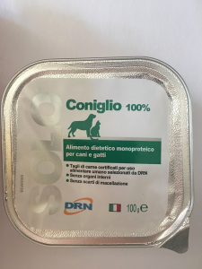 Alimento umido monoproteico
 SOLO DRN 100% Coniglio
 Confezione da 100 gr