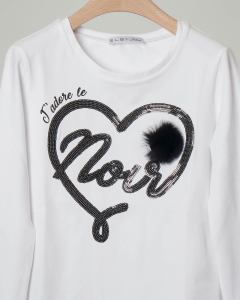 T-shirt bianca manica lunga con cuore e pon-pon nero 32-36