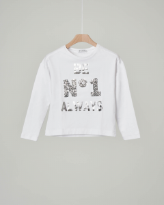 T-shirt bianca manica lunga con paillettes e scritta argentata 40-44
