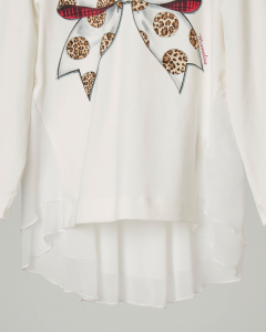 T-shirt bianca manica lunga con balza sul retro in organza e fiocco stampato 6-12 anni