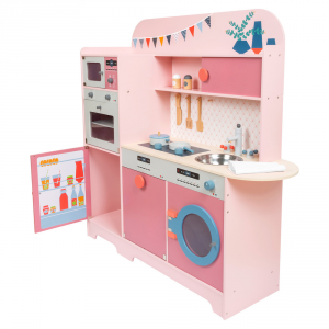 Color pastello rosa del forno a microonde, un moderno apparecchio da cucina  giocattoli per i bambini per preparare un tavolo sistemato in una sala  giochi bianca Foto stock - Alamy