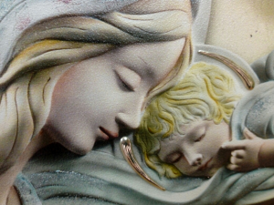 Capoletto-Capezzale sacro su tavola legno raffigurante Madonna con Bambino 