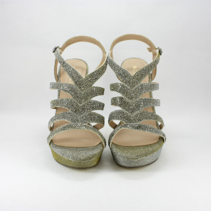 Sandalo cerimonia donna elegante in tessuto bronzo glitter con applicazioni cristalli e cinghietta regolabile.