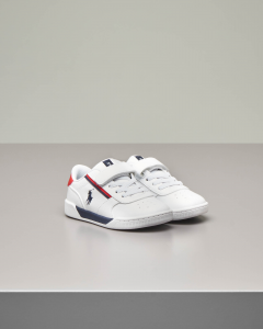 Sneakers bianche in ecopelle con dettagli blu e rossi e doppia chiusura con stringhe e a strappo 22-26