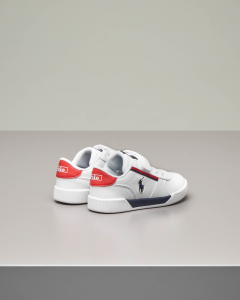 Sneakers bianche in ecopelle con dettagli blu e rossi e doppia chiusura con stringhe e a strappo 22-26