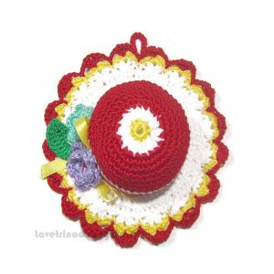 Cappellino puntaspilli rosso e bianco ad uncinetto 11 cm - NC107 - Handmade in Italy