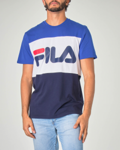 T-shirt tricolore celeste bianca e blu con logo stampato