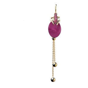 Long single earring in rose gold, cataphoresis treated silver and rubies