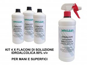KIT 4 FLACONI SOLUZIONE IDROALCOLICA ETILICO 80% v/v SYNALCOV - detergente senza risciacquo per mani, superfici e strumenti di lavoro