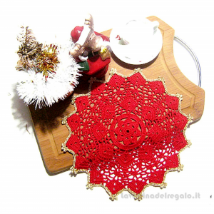 Centrino rotondo rosso e oro ad uncinetto 26,5 cm - Handmade in Italy