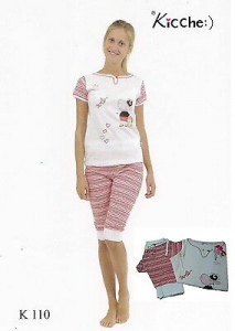 Pigiama donna. KICCHE YOUNG, K 110. Mezza manica, Leggings bermuda. Cotone.