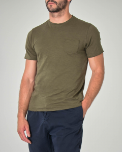T-shirt verde militare in cotone fiammato taglio felpa con taschino