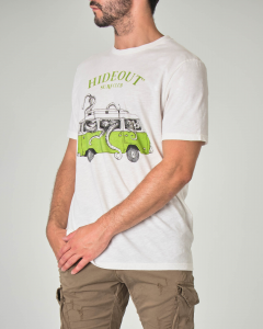T-shirt bianca con stampa furgoncino volkswagen verde e octopus