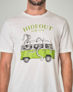 T-shirt bianca con stampa furgoncino volkswagen verde e octopus