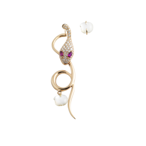 Long single earring in rose gold, diamonds, motherpearl and rubies