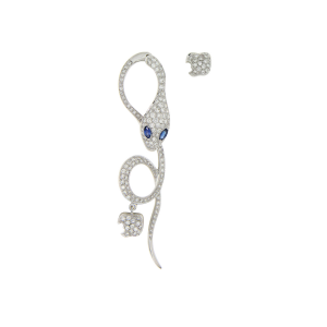 Long single earring in  white gold, diamonds and sapphires