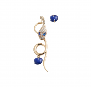 Long single earring in rose gold, diamonds, lapis and sapphires